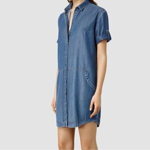 All Saints Calla Bay Shirt Dress Indigo Blue Size 6 Tencel Cotton Linen